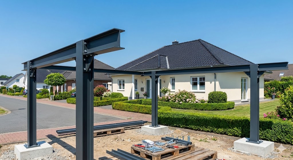 Montage eines anthrazitfarbenen Stahlcarport-Rahmens vor einem Einfamilienhaus gemäß Landesbauordnung