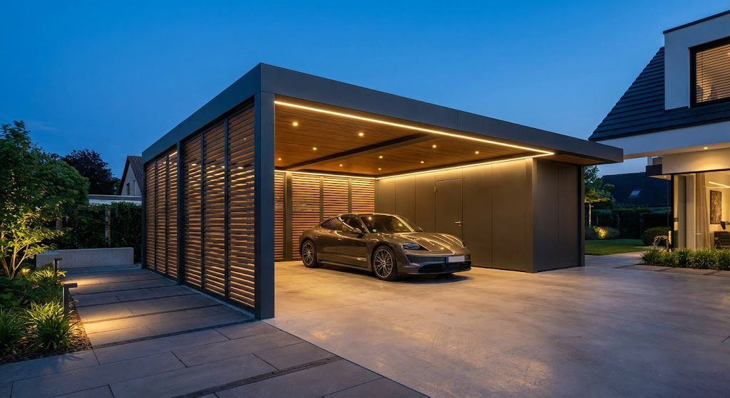 Moderner Stahlcarport nach Maß mit integriertem Geräteraum, Seitenwänden und LED-Beleuchtung bei Dämmerung