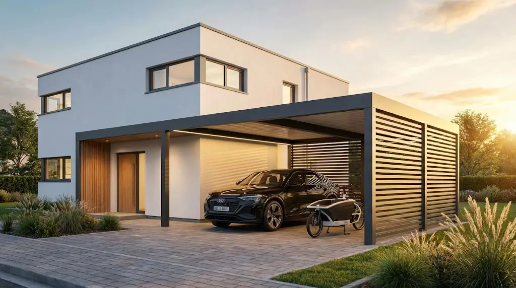 A luxurious, modern steel carport attached to a contemporary German single-family house with a white facade
