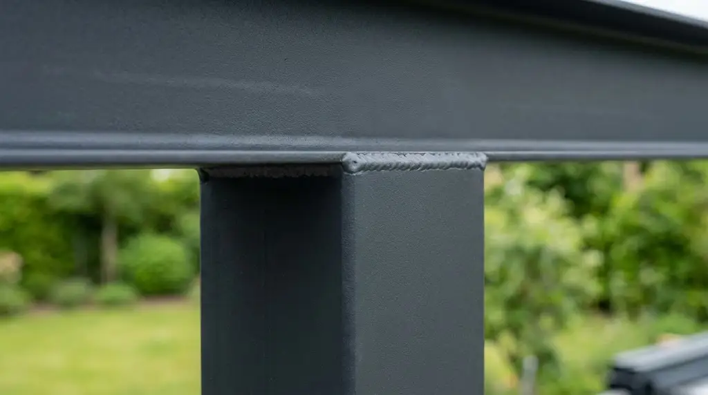 Close-up detail shot of high-quality galvanized steel construction of a carpor