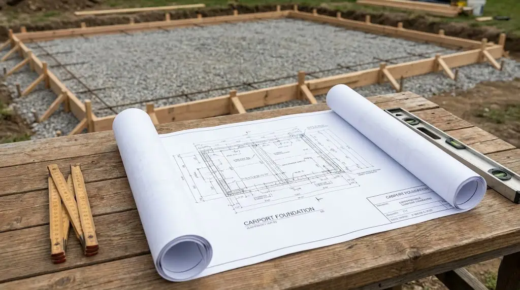 A professional construction sketch of a carport foundation lying on a wooden table outdoor