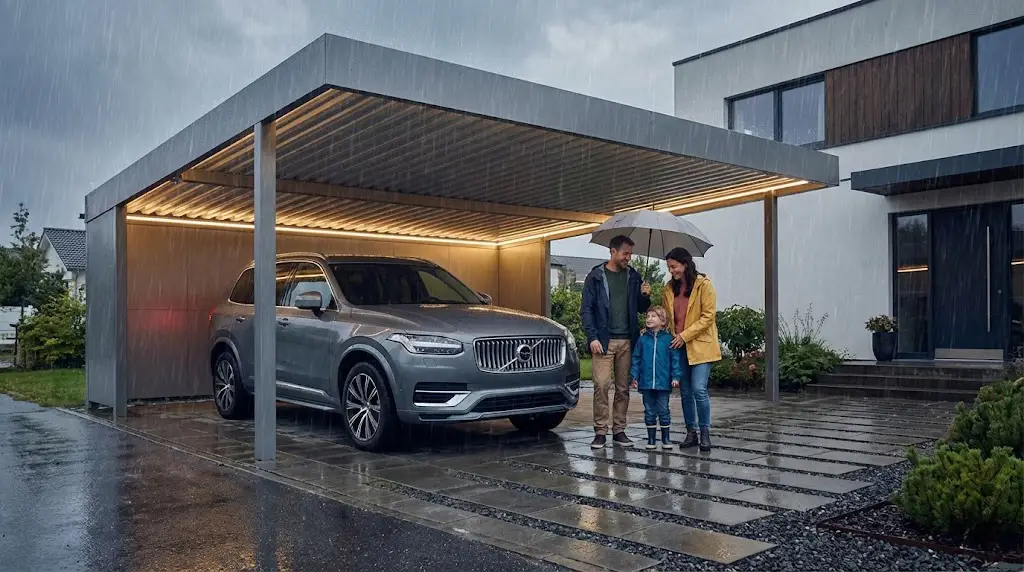 A happy family (father, mother, child) standing under a spacious modern metal carpor