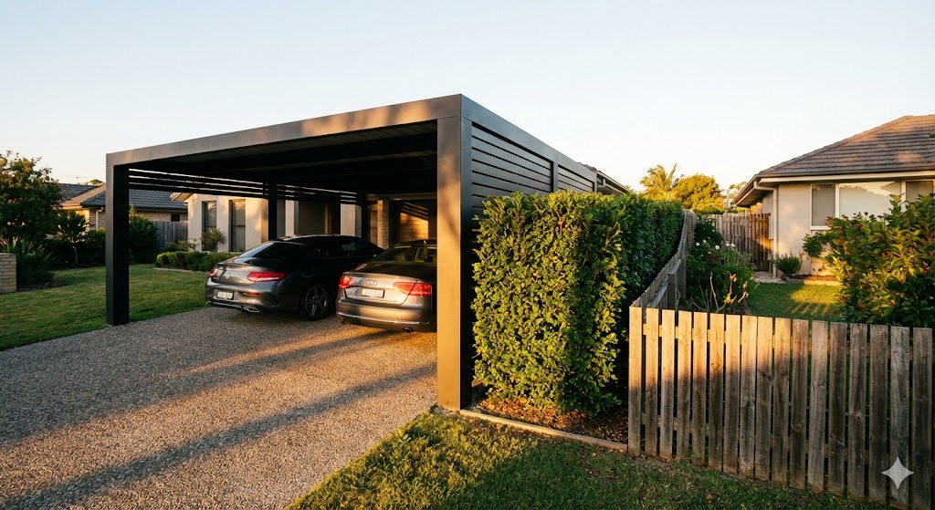 Premium Doppelcarport aus Stahl direkt an der Grundstücksgrenze unter Einhaltung der Abstandsflächen