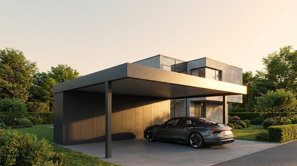 Moderner Metall-Carport in Anthrazit ohne Baugenehmigung direkt am Haus.