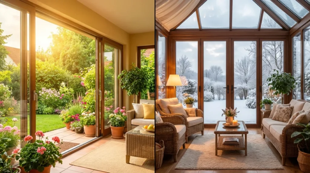 Ein geteiltes Bild, das links einen sonnendurchfluteten Sommergarten mit offenen Schiebetüren im Sommer zeigt und rechts einen gemütlichen, beheizten Wintergarten mit verschneiter Landschaft draußen, der den Kontrast zwischen den beiden Nutzungskonzepten visualisiert.