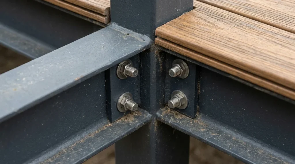 Detailaufnahme einer Verbindung zwischen Stahlträger und WPC-Bodenbelag. Man sieht die hochwertige Verschraubung und die Anthrazit-Beschichtung des Stahls im Kontrast zum warmen Braunton des Bodens. Detailaufnahme einer Verbindung zwischen Stahlträger und WPC-Bodenbelag. Man sieht die hochwertige Verschraubung und die Anthrazit-Beschichtung des...Stalterrasse