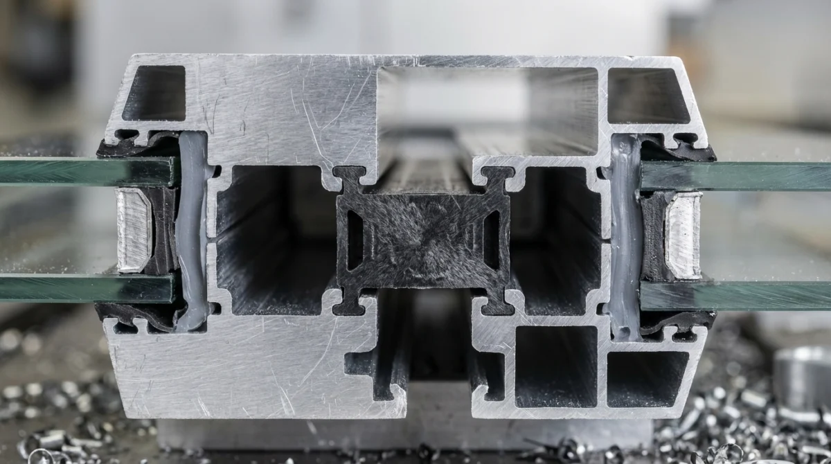 Eine Nahaufnahme eines Wintergarten-Profilquerschnitts, der deutlich den Kunststoffsteg zur thermischen Trennung zwischen den inneren und äußeren Aluminiumschalen zeigt, technisch und detailreich.