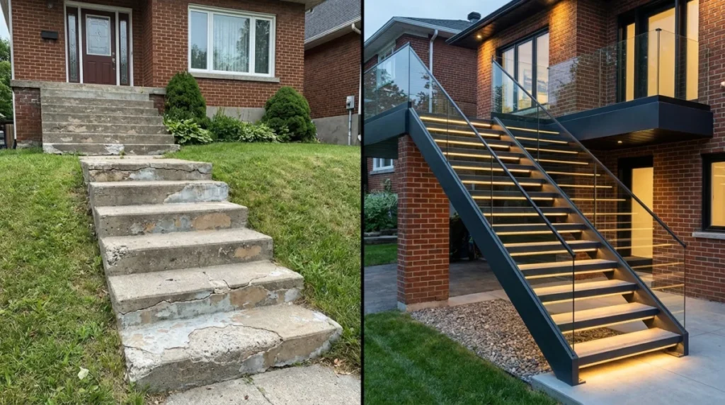 Vorher-Nachher-Vergleich (impliziert). Links ein Bild einer alten, rissigen Betontreppe, rechts die neue, elegante Stahltreppe am selben Haus mit Glasgeländer und integrierter LED-Beleuchtung. Vorher-Nachher-Vergleich (impliziert). Links ein Bild einer alten, rissigen Betontreppe, rechts die neue, elegante Stahltreppe am selben Haus mit G...