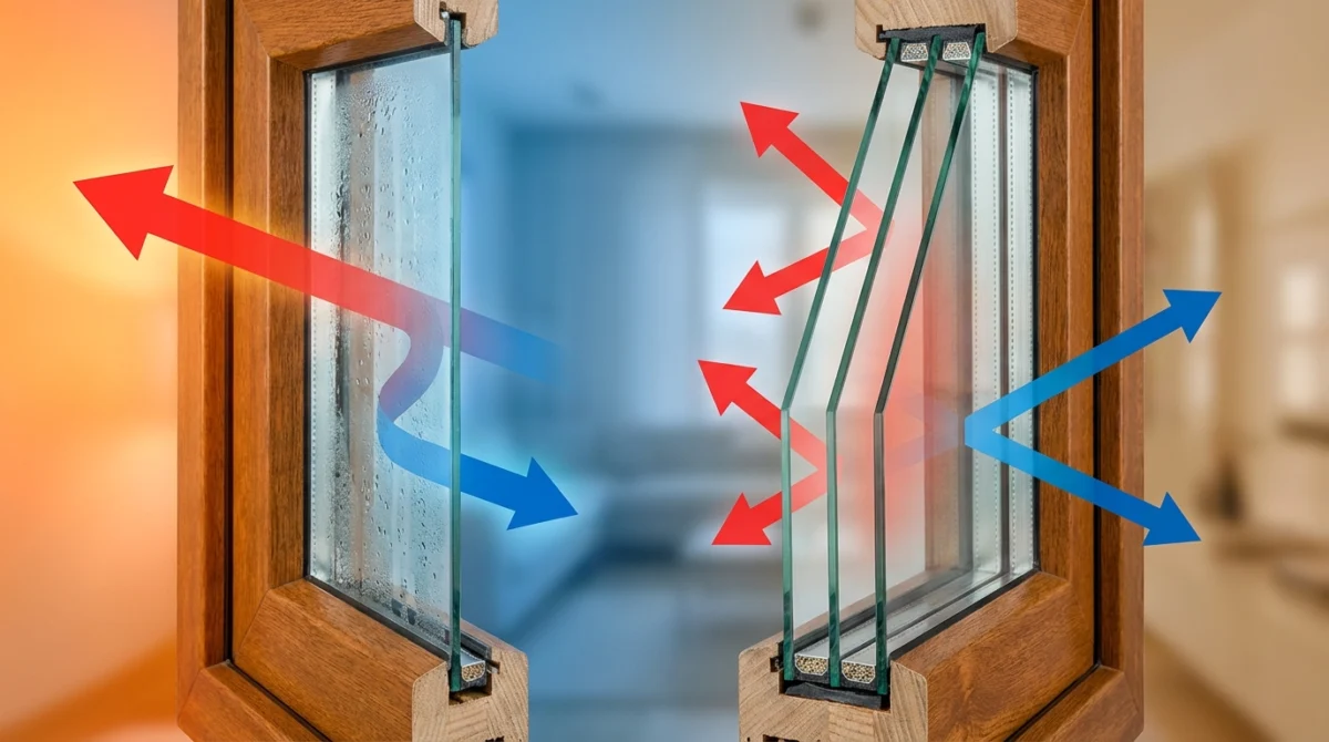 Ein Diagramm, das den Temperaturverlauf durch eine 3-fach Verglasung im Vergleich zu einer Einfachverglasung zeigt, mit Pfeilen für Wärmereflexion und Kältestopp.