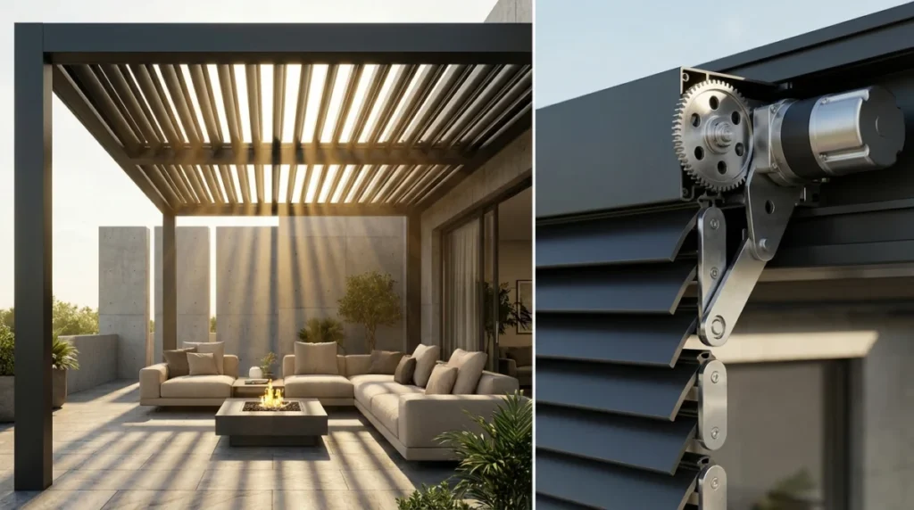 Eine High-Tech Pergola-Überdachung mit verstellbaren Lamellen