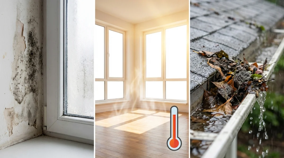 Eine Warn-Infografik, die typische Fehler visualisiert: Schimmel in der Ecke wegen Kältebrücke, überhitzter Raum ohne Markise, und Wasserstau in der Rinne.