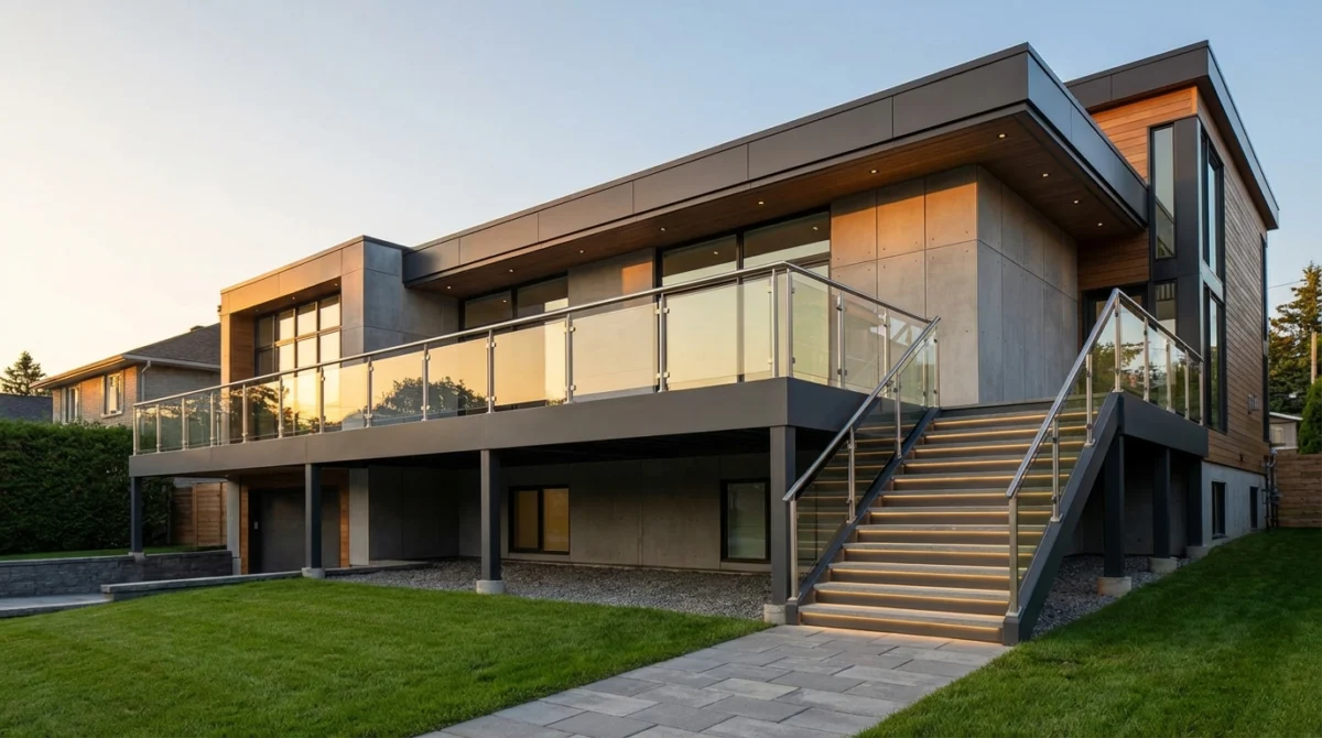 Ein modernes Einfamilienhaus mit einem stilvollen Eingangsbereich. Eine schwebende Stahlterrasse mit anthrazitfarbener Pulverbeschichtung führt zu ...