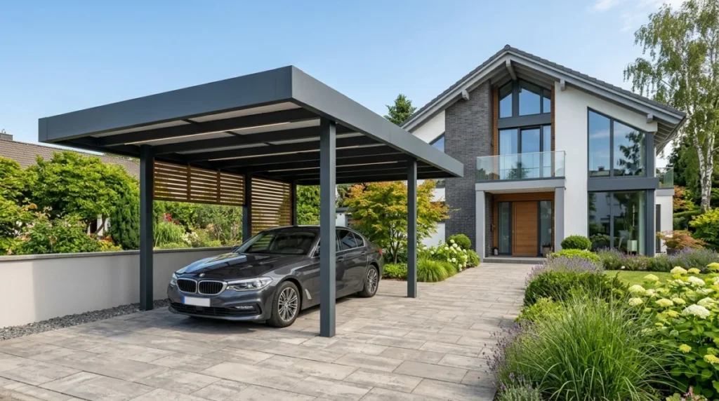 Moderner Anthrazit-Carport mit Pulverbeschichtung schützt Eigenheim bei Sonnenschein