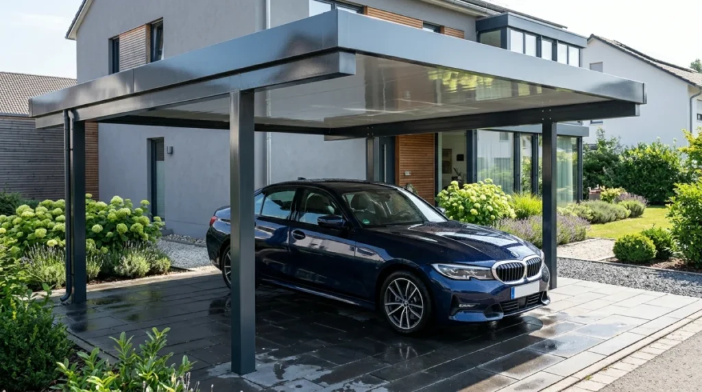 Nowoczesny, antracytowy metalowy carport po czyszczeniu, lśniący w słońcu, ochrona auta.