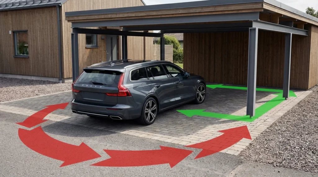 Ein Auto, das in einen Carport einbiegt, wobei Pfeile den Schwenkbereich des Hecks und den benötigten Platz markieren.