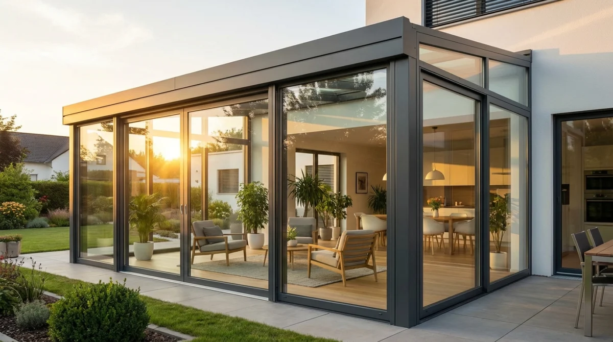 Moderner, lichtdurchfluteter Wintergarten aus Aluminium und Glas, der nahtlos an ein Einfamilienhaus anschließt, bei Sonnenuntergang