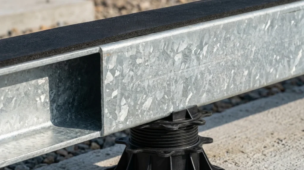 Nahaufnahme eines massiven, feuerverzinkten Stahlprofils. Man erkennt deutlich die typische, leicht kristalline Zinkstruktur der Oberfläche. Das Profil liegt fest auf einem höhenverstellbaren Stelzlager aus schwarzem Hartkunststoff. Ein EPDM-Gummiband ist als Trittschalldämmung auf das Metall geklebt.