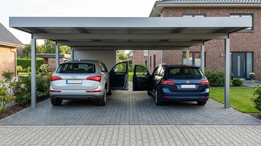 Ein moderner Doppelcarport aus Stahl mit einem geparkten SUV und einem Kombi, der viel Platz zwischen den Fahrzeugen zum Öffnen der Türen zeigt. De...