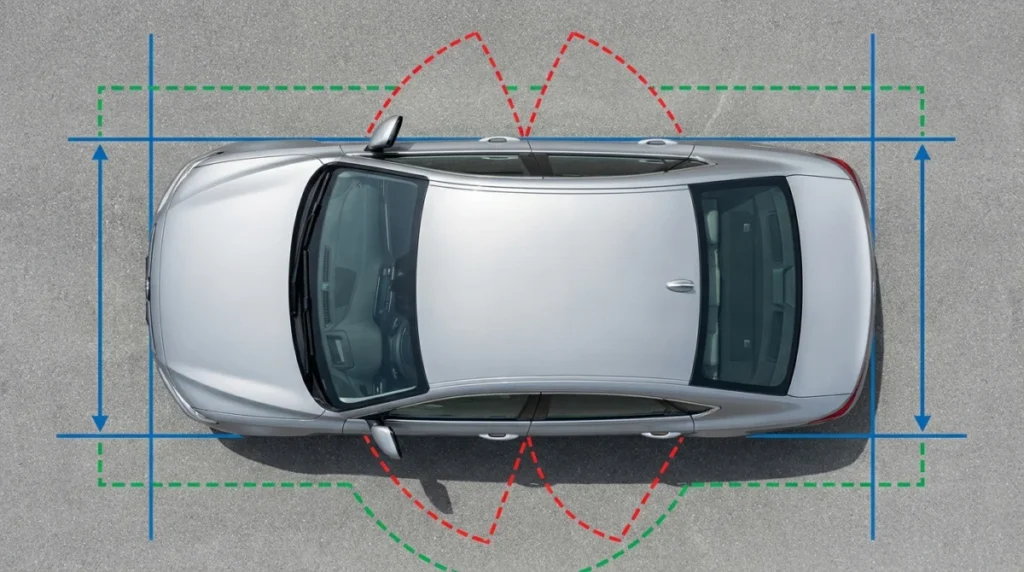 Infografik-Stil Bild, das ein Auto von oben zeigt mit eingezeichneten Bemaßungslinien für Breite, Türöffnung und Sicherheitsabstände.