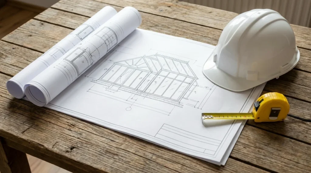 Detaillierte architektonische Baupläne für einen Glasanbau liegen auf einem rustikalen Holztisch, daneben ein weißer Bauhelm und ein Maßband