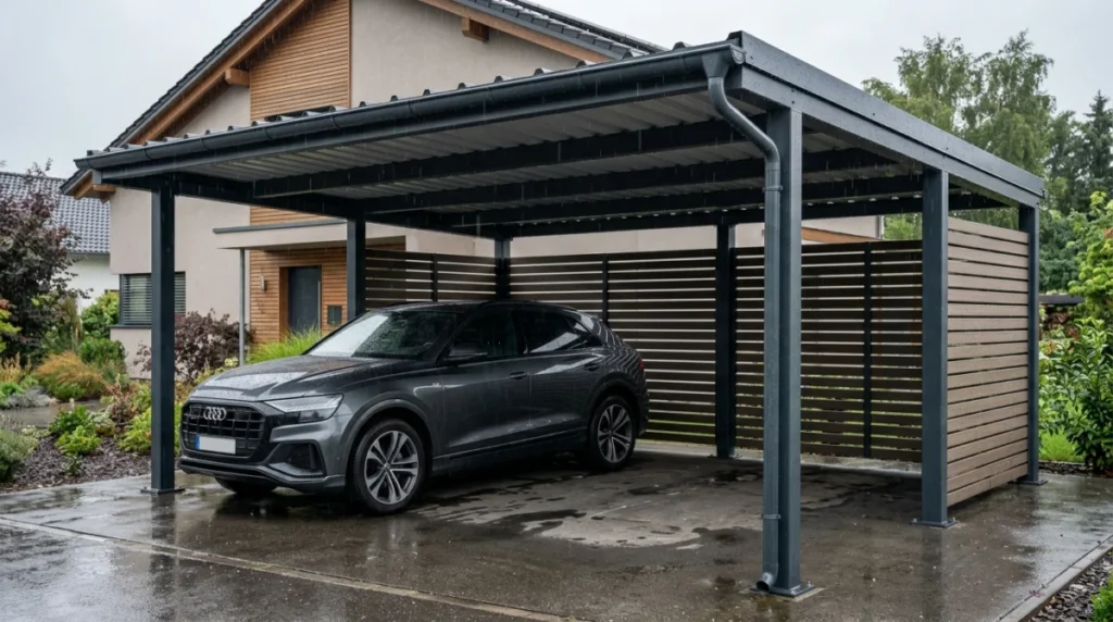 Modernes, freistehendes Doppelcarport aus anthrazitfarbenem Stahl mit seitlichen Lamellenwänden, vor dem ein SUV geparkt ist. Leicht regnerisches W...