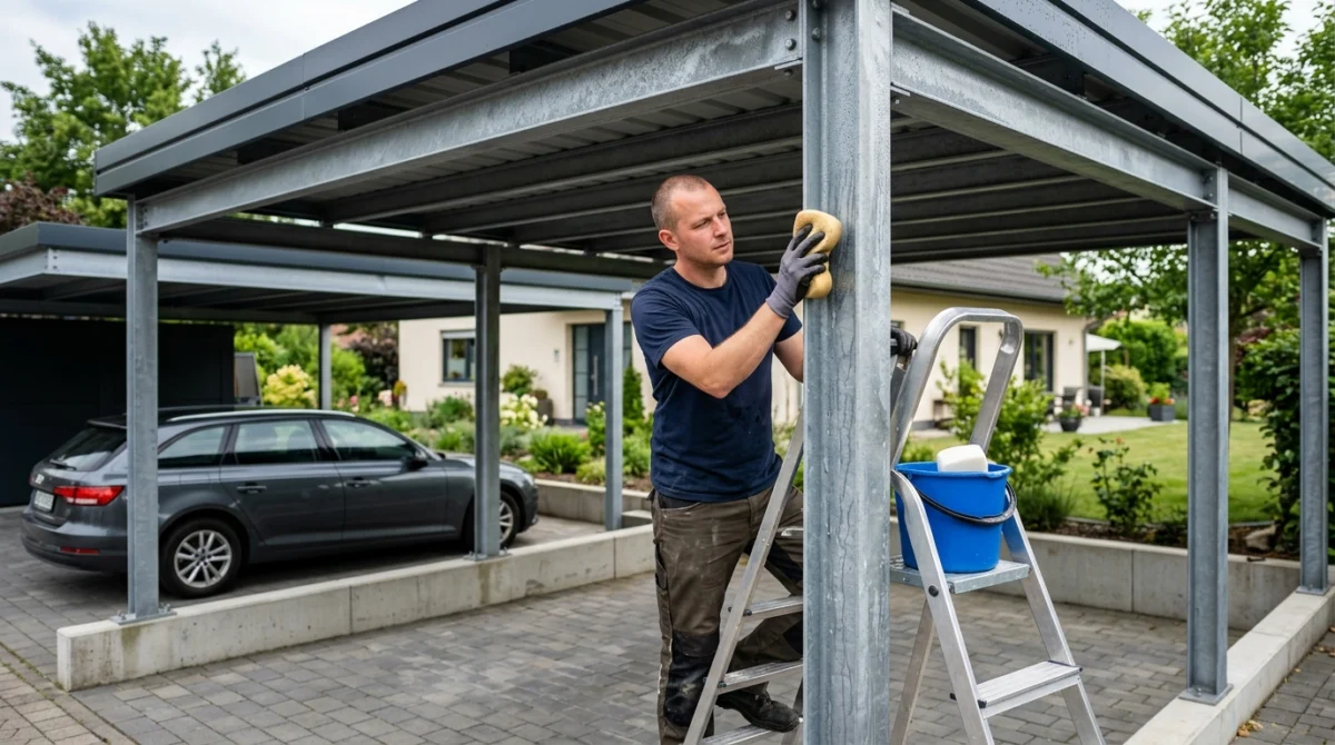 Metallcarport pflegen: Rost entfernen & Alu/Stahl reinigen — ilustracja 1 Mycie konstrukcji metalowego podwójnego carporu miękką gąbką i letnią wodą, pielęgnacja.