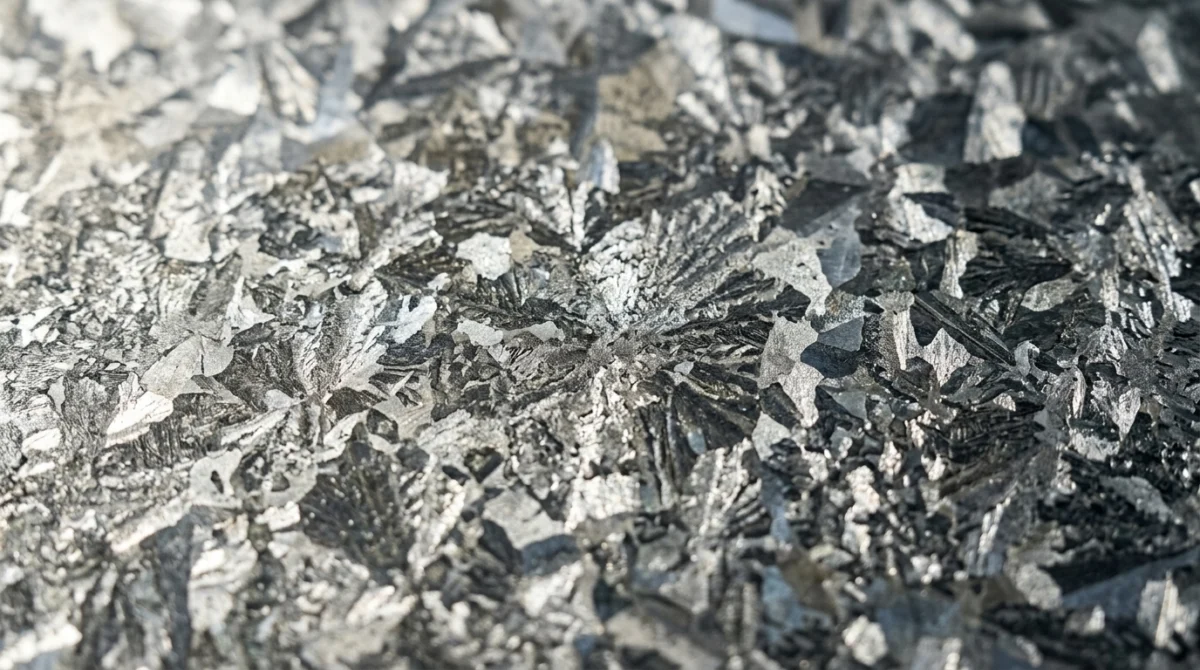 Nahaufnahme Feuerverzinkung: Typisches kristallines Zinkblumen-Muster auf Stahl