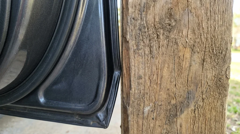 Detailaufnahme eines Carport-Pfostens und eines offenen Autotürspalts, der zeigt, wie eng es werden kann, wenn man die Pfostenstärke nicht berücksi...