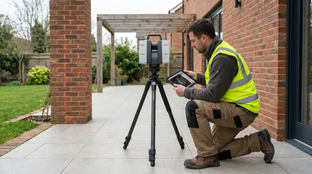 Ein professioneller Techniker misst mit einem digitalen 3D-Laserscanner die Terrasse eines Einfamilienhauses aus, um präzise Baudaten zu erfassen