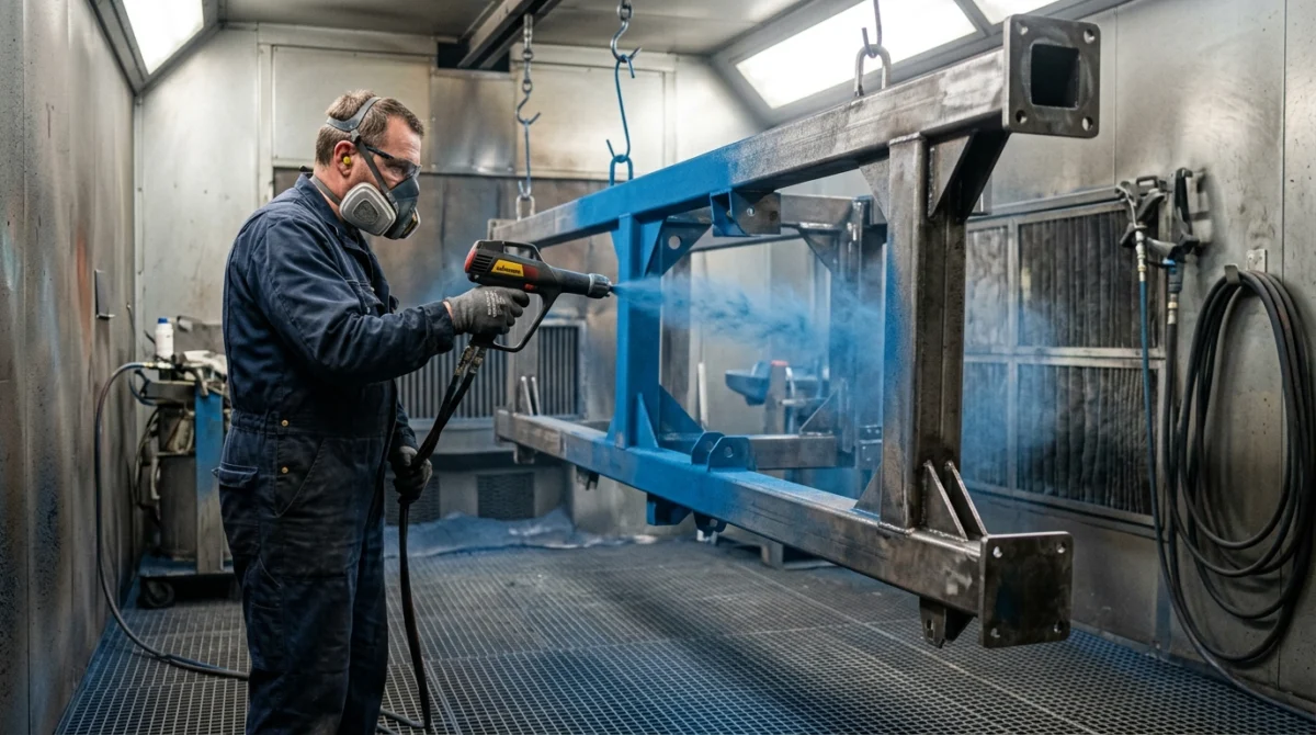 Auftragen von Farbpulver auf Stahlbauteil mittels elektrostatischer Sprühpistole