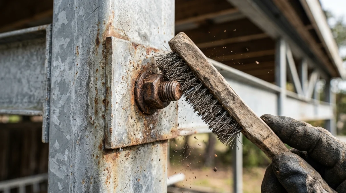 Metallcarport pflegen: Rost entfernen & Alu/Stahl reinigen — ilustracja 2 Czyszczenie zardzewiałego połączenia śrubowego w stalowym carportie za pomocą szczotki drucianej.