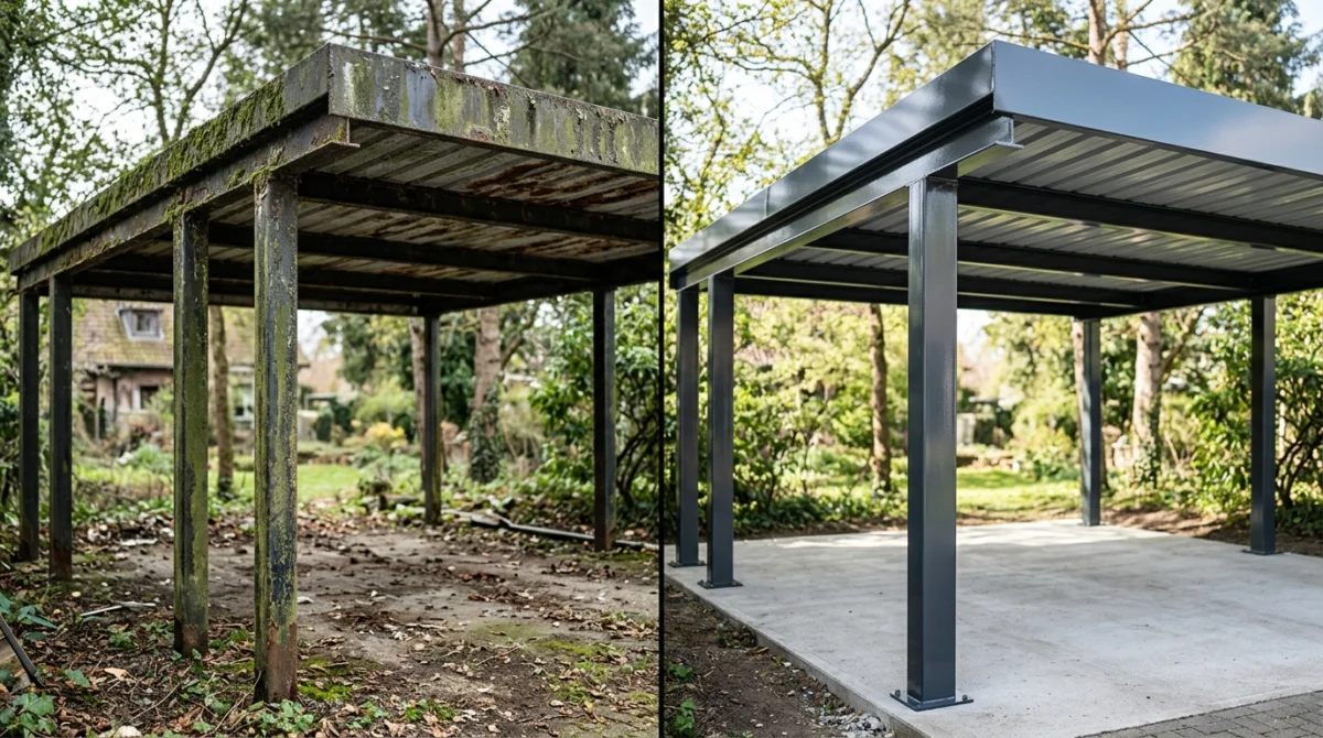 Metallcarport pflegen: Rost entfernen & Alu/Stahl reinigen — ilustracja 3 Porównanie przed i po: Stumpfer, porośnięty mchem carport vs. lśniący antracyt po renowacji.