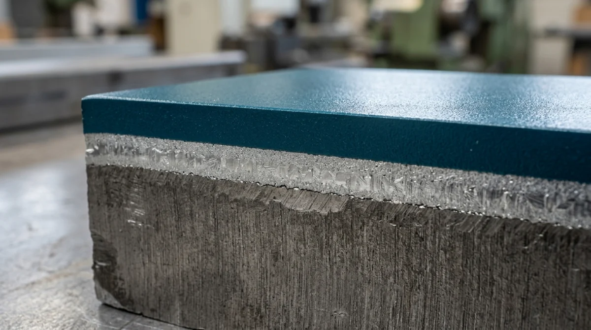 Querschnitt Grafik Duplex-System: Stahlkern, Zinkschicht und Pulverbeschichtung übereinander