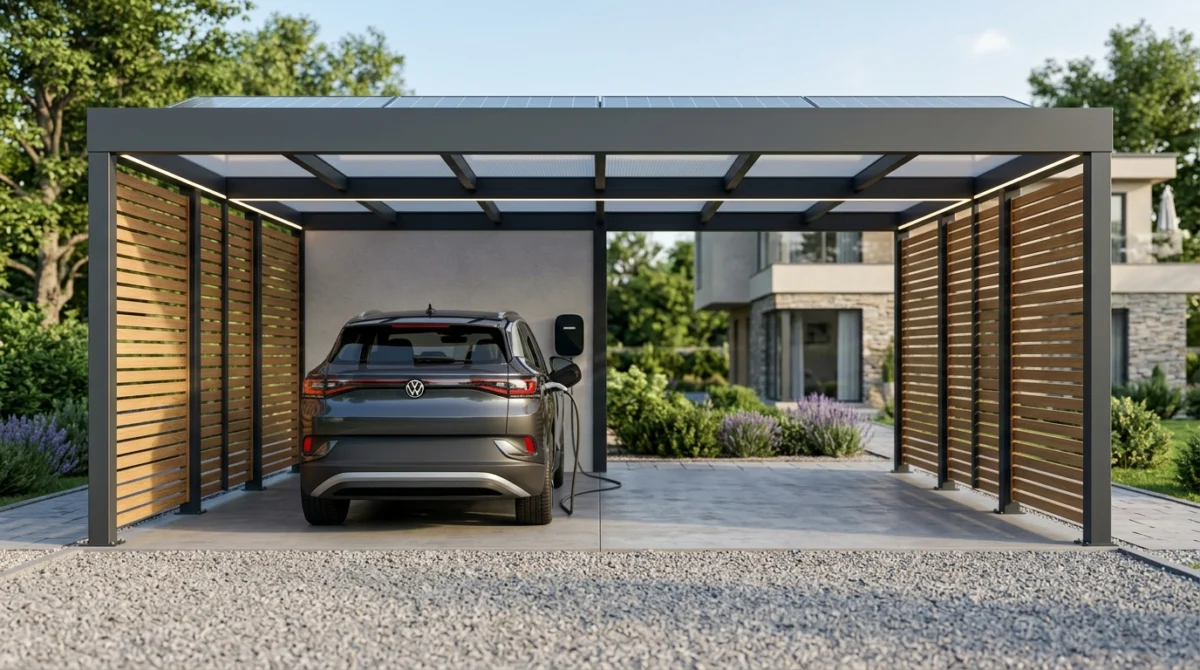 Eleganter Duplex-Carport mit Holzlamellen und integrierter Wallbox zum Laden des E-Autos