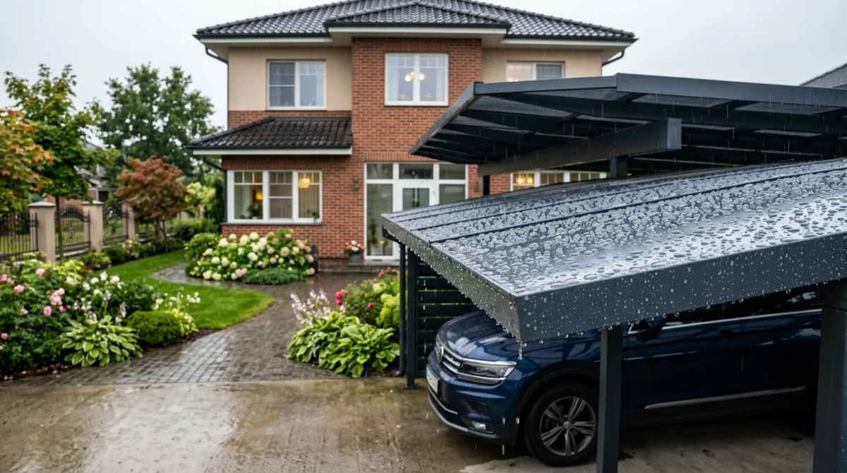 Metallcarport pflegen: Rost entfernen & Alu/Stahl reinigen — ilustracja 4 Świeżo zabezpieczony metalowy carport, krople deszczu perliście spływają, zadbany dom.