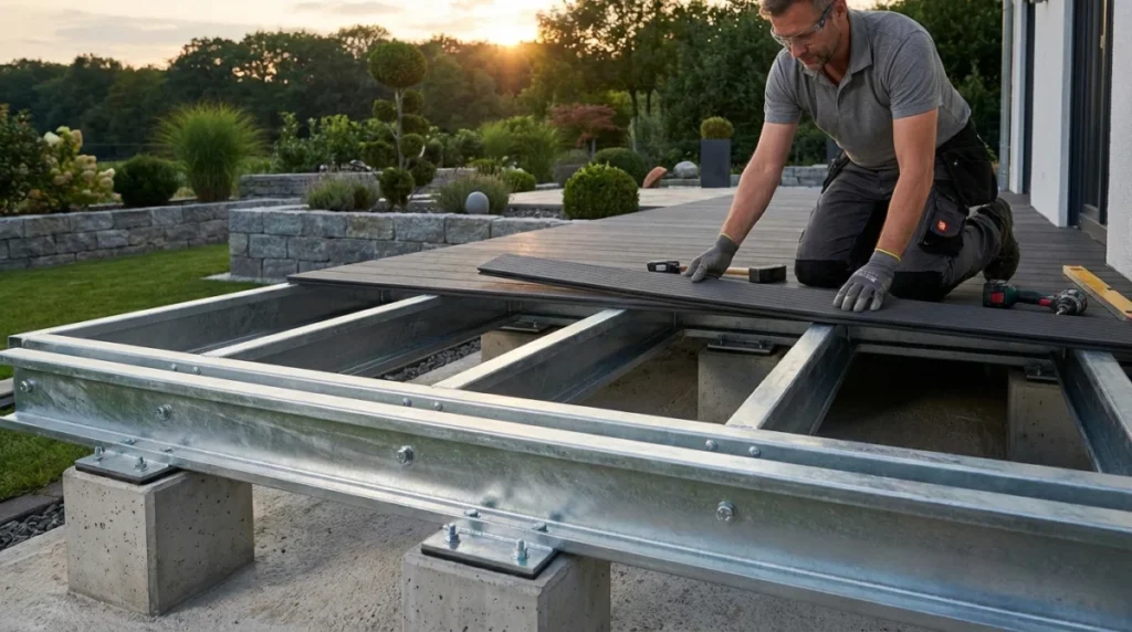 Ein hochwertiges, modernes Terrassensystem im Aufbau. Im Vordergrund sieht man eine glänzende, feuerverzinkte Stahl-Unterkonstruktion, präzise vers...