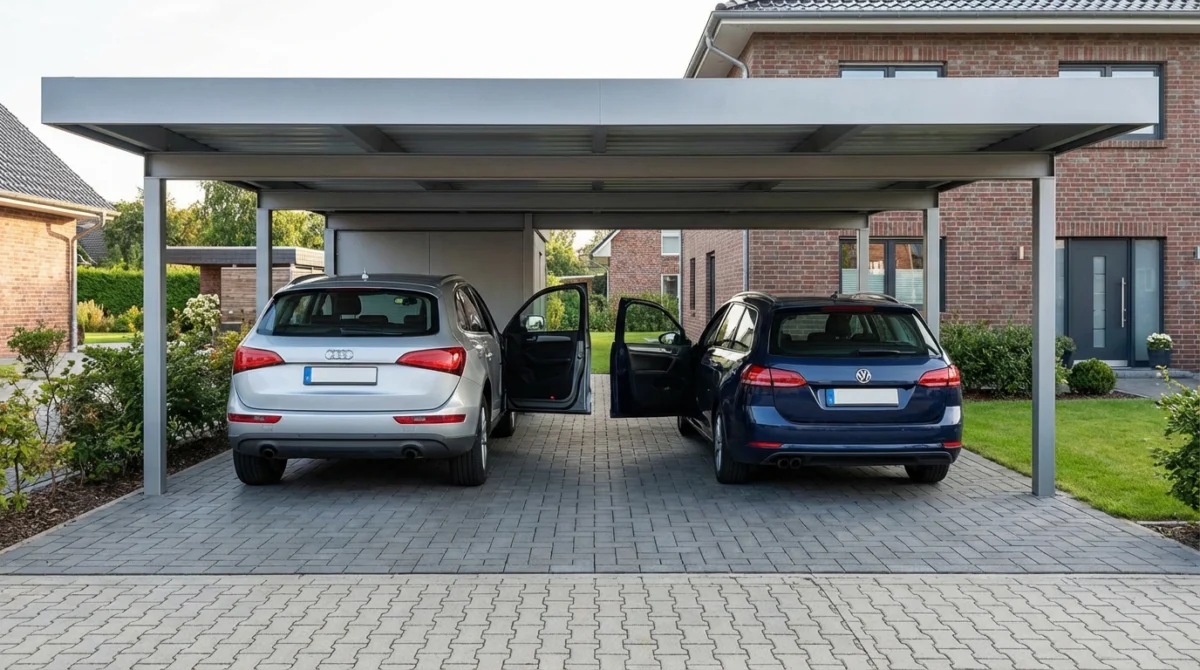 Ein moderner Doppelcarport aus Stahl mit einem geparkten SUV und einem Kombi, der viel Platz zwischen den Fahrzeugen zum Öffnen der Türen zeigt. De...