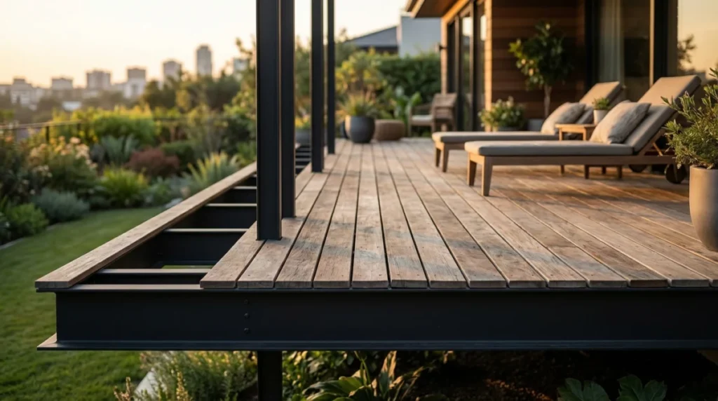 Eine auskragende Terrassenkonstruktion am Hang. Starke Stahlstützen sind tief im steilen Erdbereich verankert und tragen ein Gitterrost. Die Architektur wirkt industriell, extrem robust und schwebt förmlich über dem abfallenden Garten. Stahl-Unterkonstruktion für Terrassen