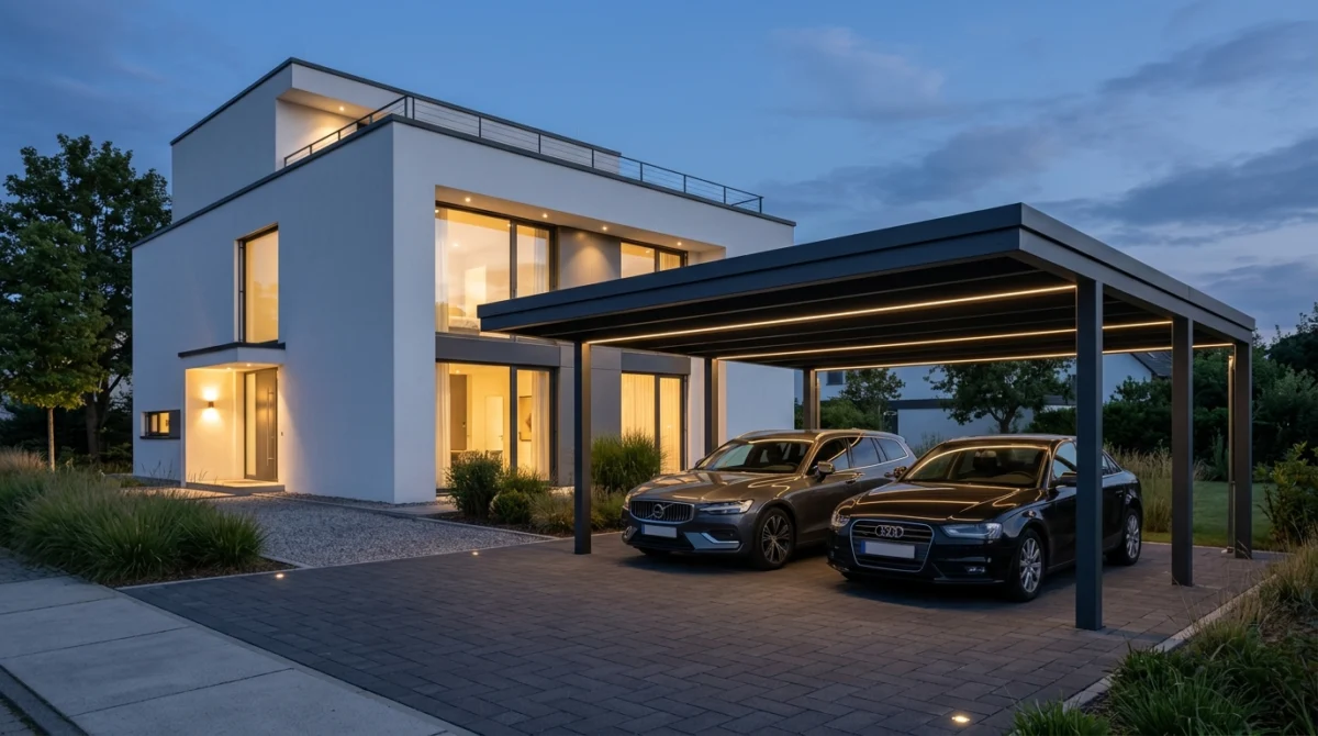 Moderner Doppelcarport aus anthrazitfarbenem Stahl vor einem minimalistischen Bauhaus Wohnhaus mit stilvoller LED Beleuchtung bei Dämmerung