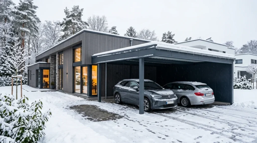 Moderner gedämmter Doppelcarport aus Stahlblech mit Schneebedeckung harmonisch integriert in die Architektur eines modernen Einfamilienhauses im Wi...