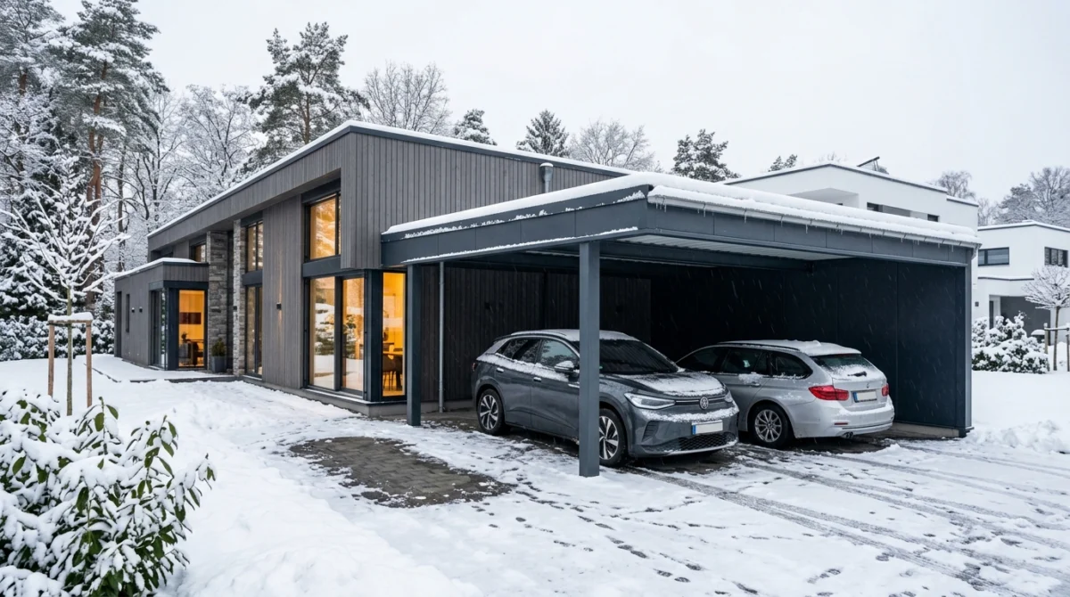 Moderner gedämmter Doppelcarport aus Stahlblech mit Schneebedeckung harmonisch integriert in die Architektur eines modernen Einfamilienhauses im Wi...