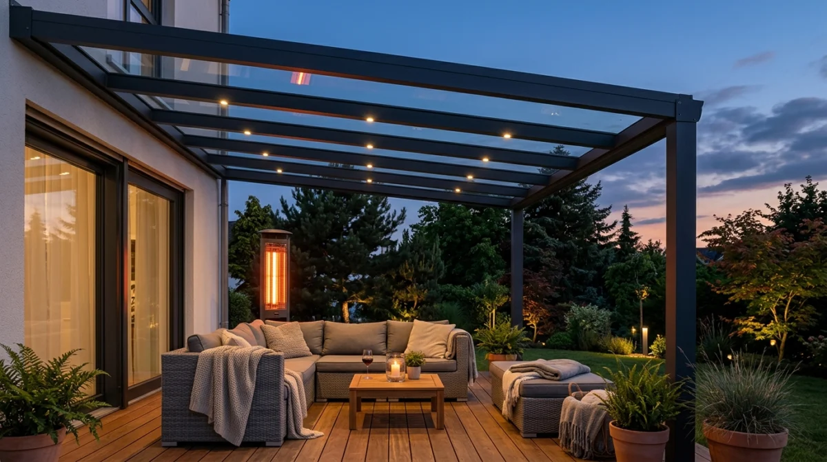 Moderne anthrazitfarbene Aluminium Terrassenüberdachung mit LED-Beleuchtung und gemütlicher Lounge an einem lauen Sommerabend