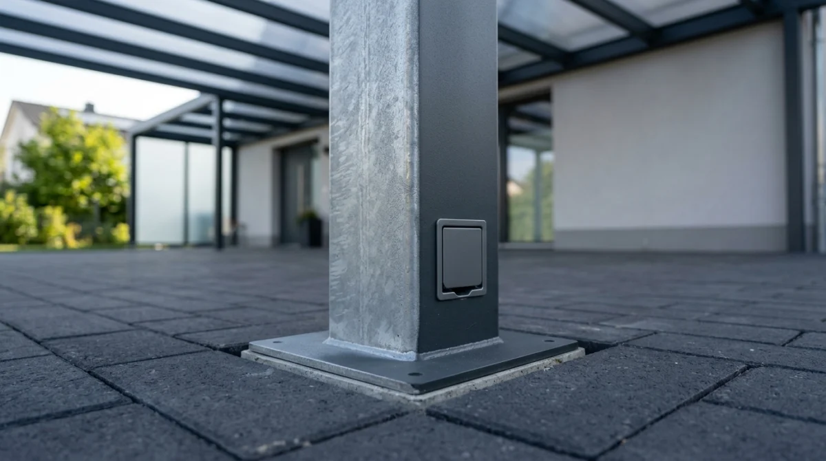 Detailaufnahme einer hochwertigen feuerverzinkten Stahlstütze eines modernen Carports mit versteckter Verschraubung und integriertem Regenwasserablauf