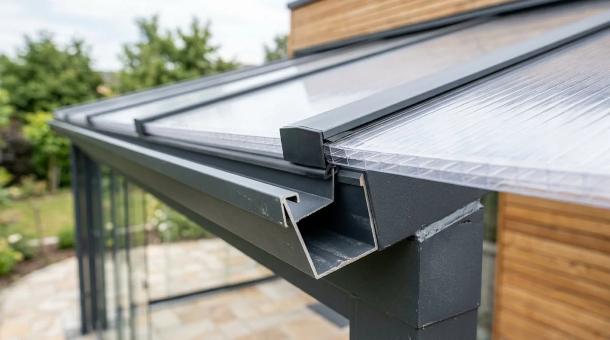 Detailansicht einer hochwertigen Aluminium Terrassenüberdachung mit präziser Verbindung von Sparren und robuster Polycarbonatplatte