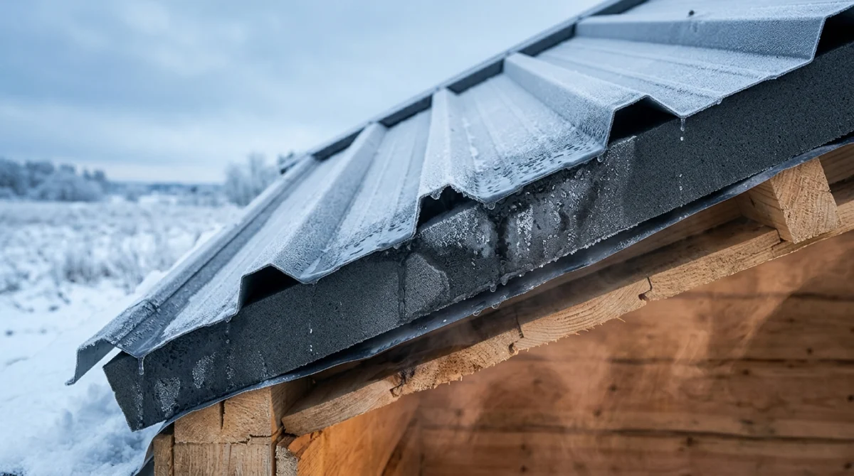 Bauphysikalische Infografik zur Darstellung der Taupunktverschiebung in einem gedämmten Trapezblechdach bei unterschiedlichen Innen- und Außentempe...