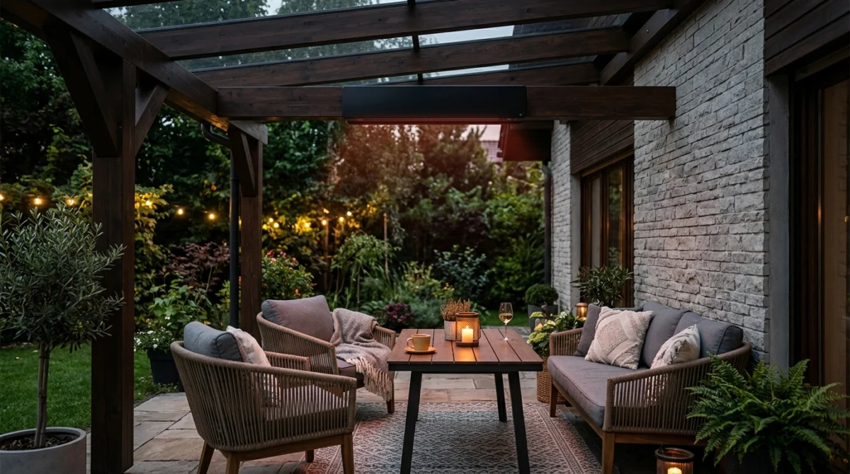 Eleganter schwarzer Infrarot-Dunkelstrahler unter einer Terrassenüberdachung sorgt für wohlige Wärme an einem entspannten Sommerabend