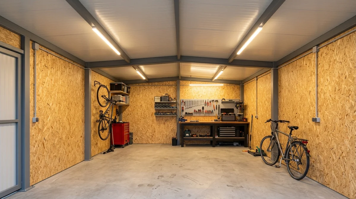 Fachgerechter Innenausbau eines isolierten Stahlcarports mit hellen OSB-Wandverkleidungen und moderner LED-Beleuchtung an der gedämmten Deckenkonst...