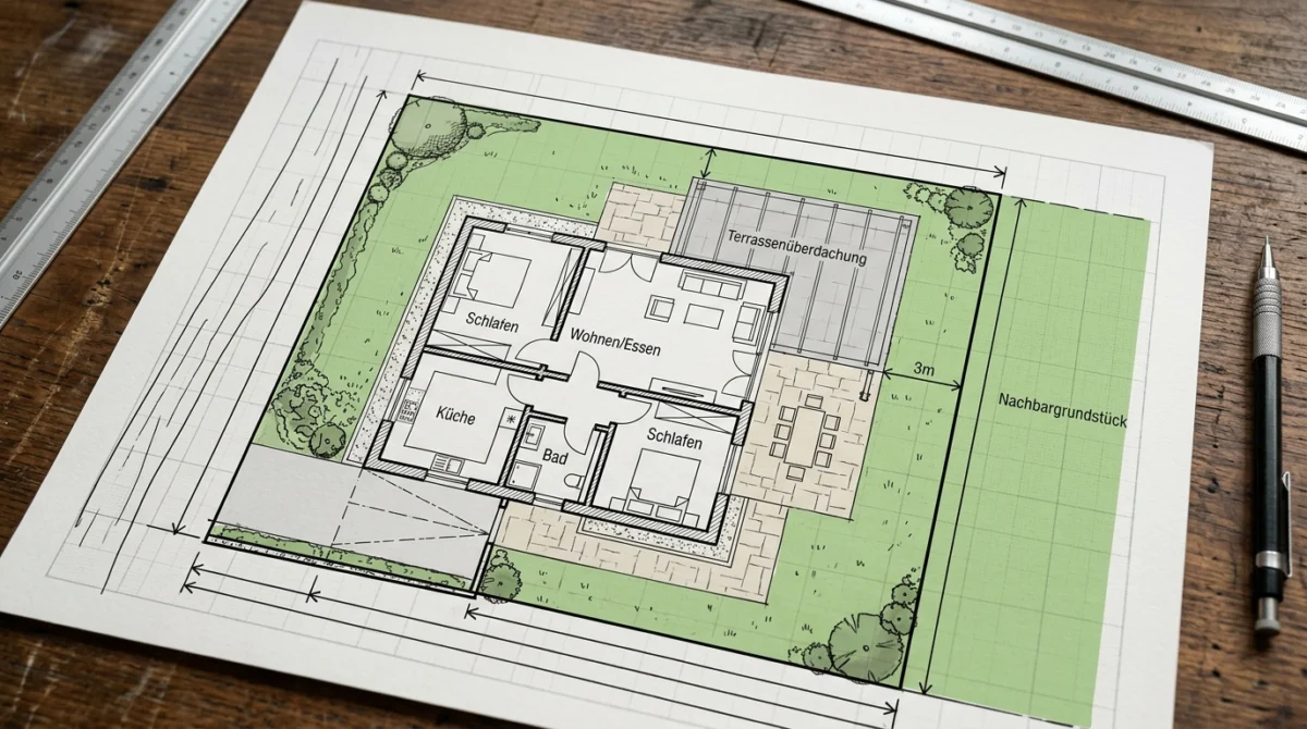 Skizze eines Grundrisses für eine Terrassenüberdachung inklusive des erforderlichen Abstands zur benachbarten Grundstücksgrenze