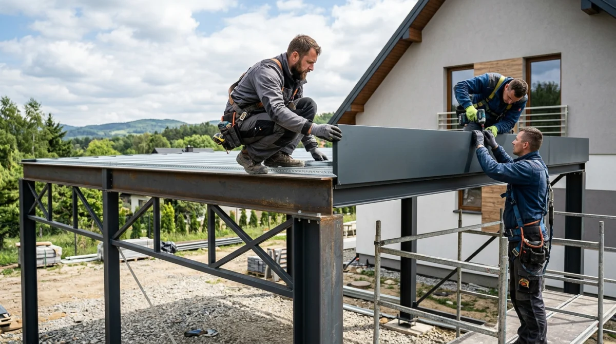 Professionelle Montage eines Premium Carports durch Handwerker bei der Anbringung einer passgenauen Attikablende an der robusten Stahlkonstruktion