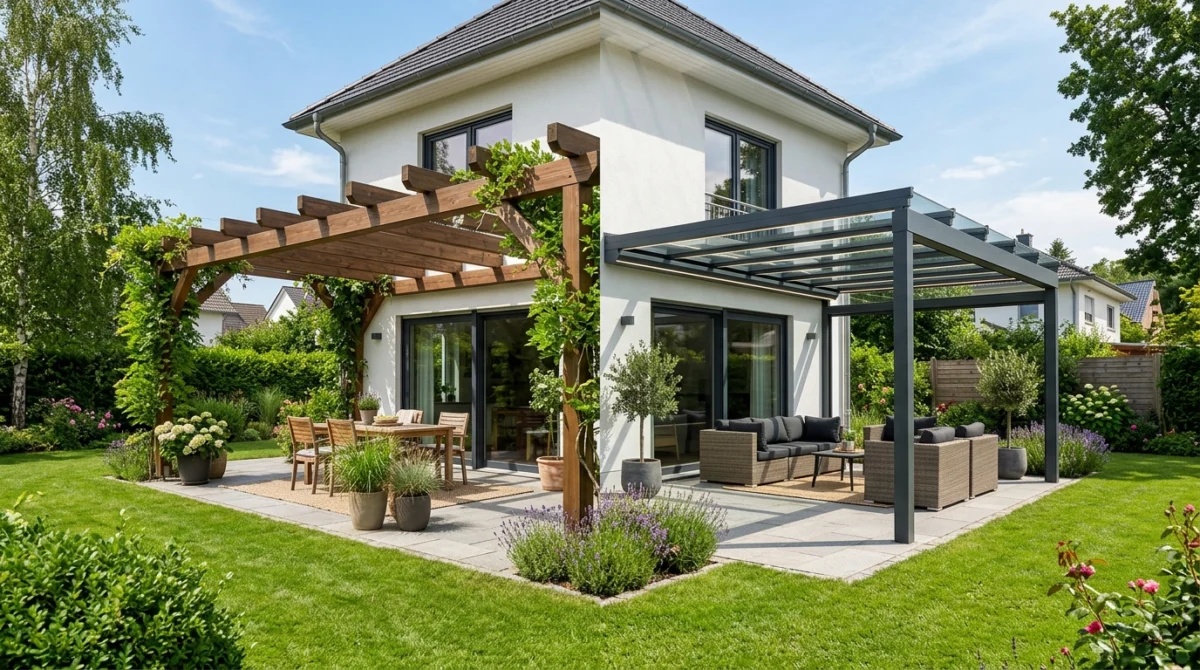 Modern German detached house backyard split-view showing a wooden pergola on left and aluminum patio cover with glass ro